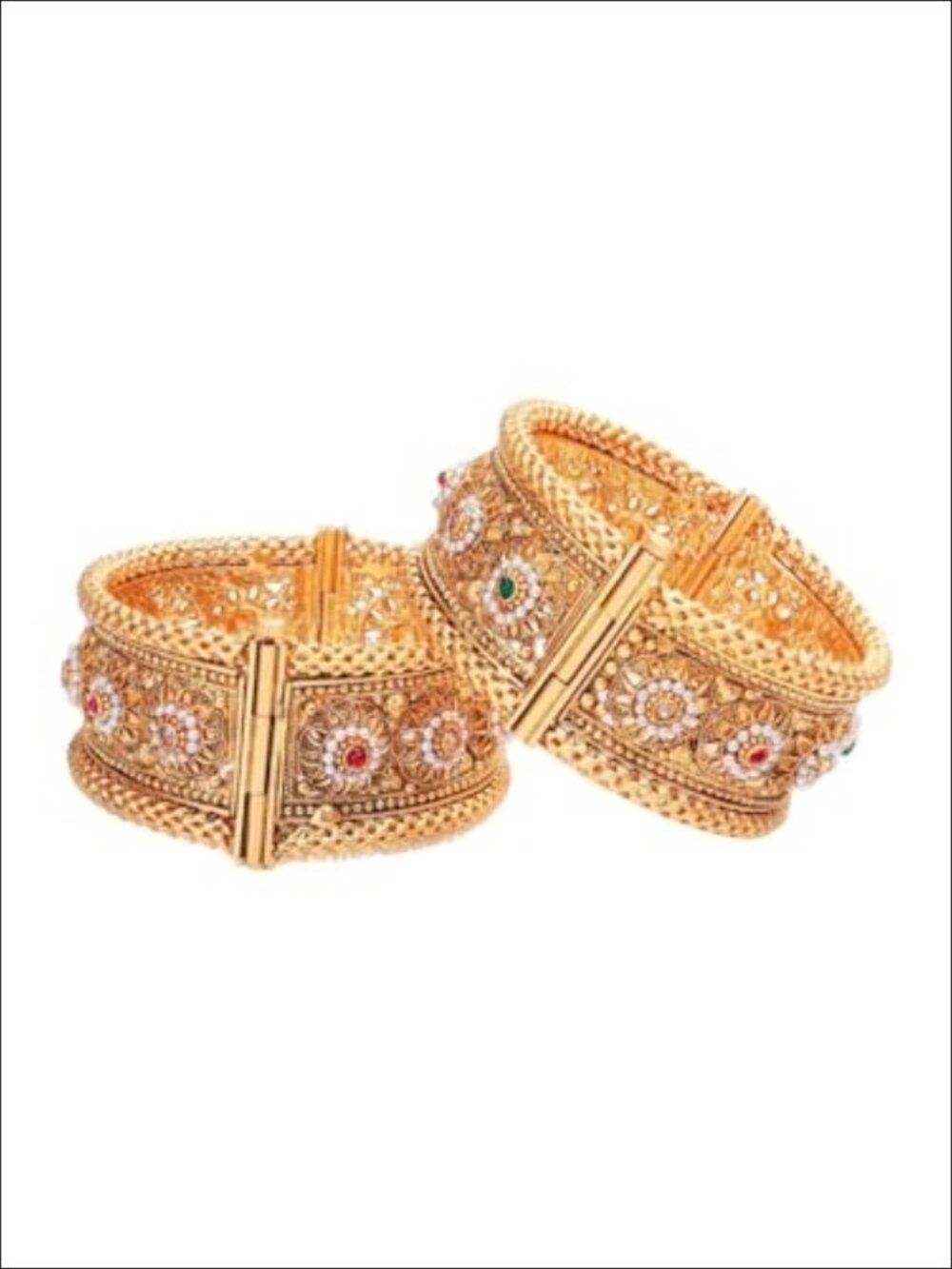 2 Pc Gold Tone Hinge Bangle Set Crystal Floral Engraved Indian Bridal Jewelry